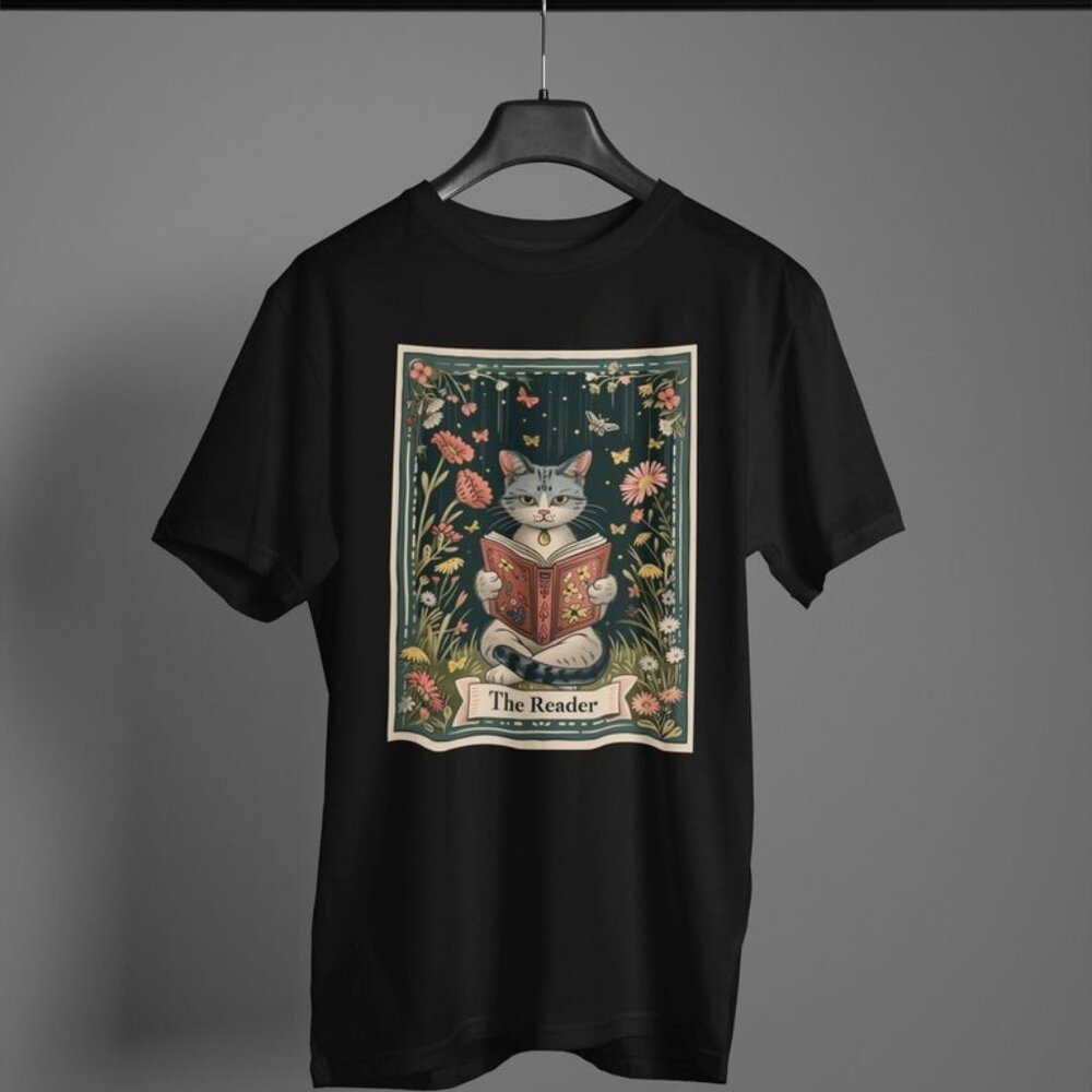 Whimsical Cat Tarot T-Shirt The Reader Cat Card Design Wildflowers Cute Cat Love